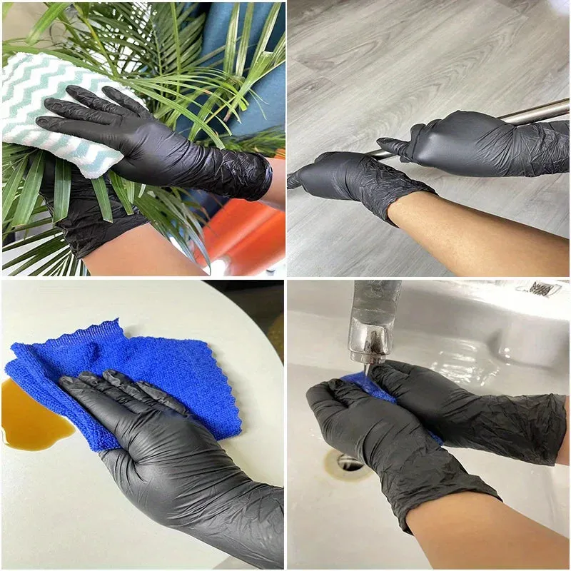 Black Nitrile Gloves Disposable Thickened Waterproof for Cleaning Hairdressing Dishwashing Tattoo - 100/50/20PCS Sizes S/M/L/XL