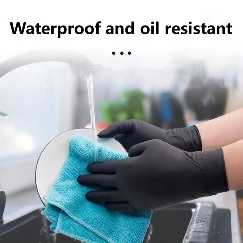 Black Nitrile Gloves Disposable Thickened Waterproof for Cleaning Hairdressing Dishwashing Tattoo - 100/50/20PCS Sizes S/M/L/XL