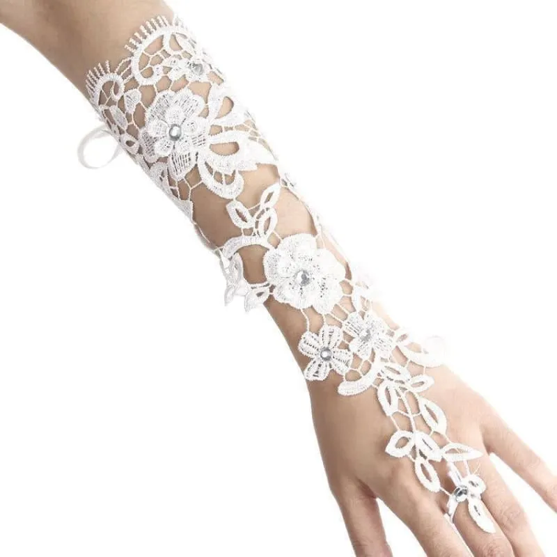 Lace Crystal Beaded Fingerless Wedding Gloves | Bridelily
