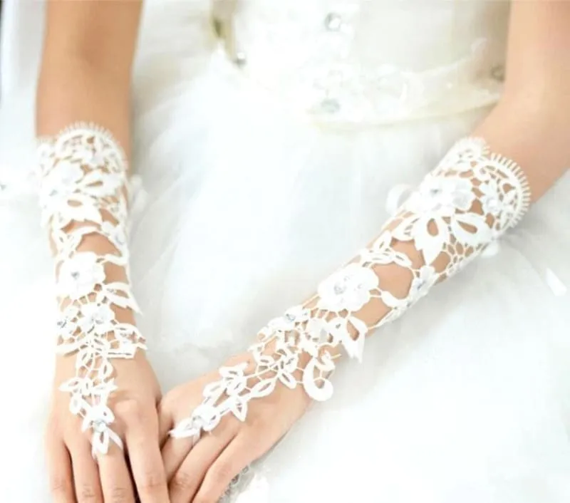 Lace Crystal Beaded Fingerless Wedding Gloves | Bridelily