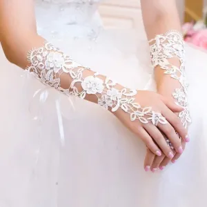 Lace Crystal Beaded Fingerless Wedding Gloves | Bridelily