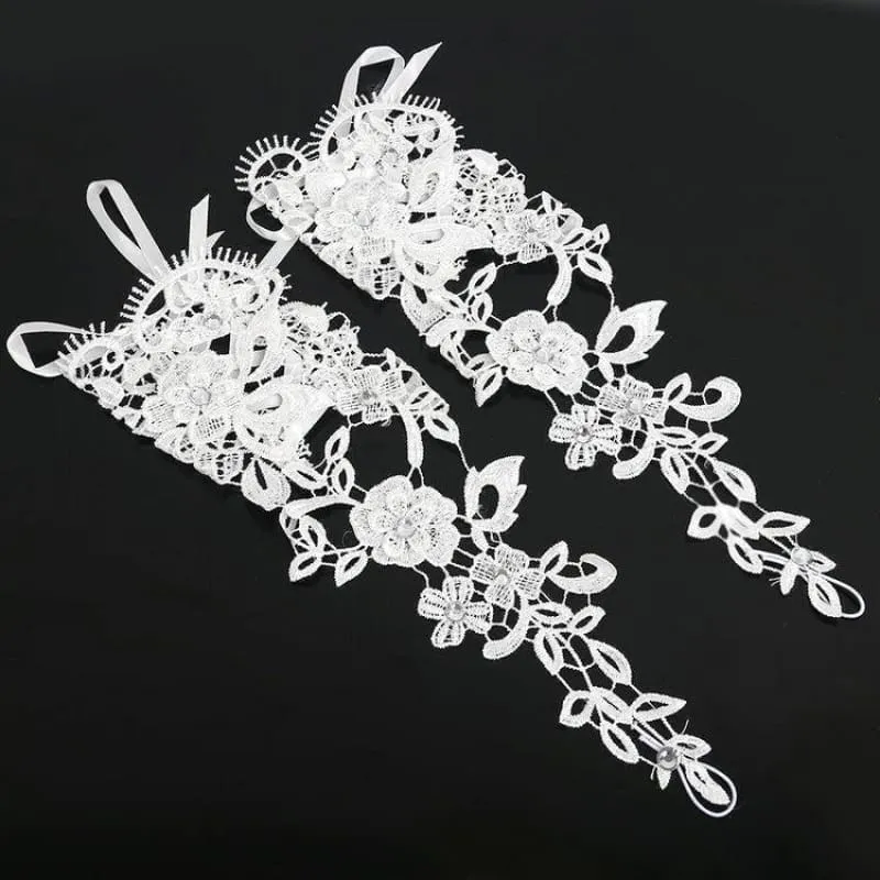 Lace Crystal Beaded Fingerless Wedding Gloves | Bridelily