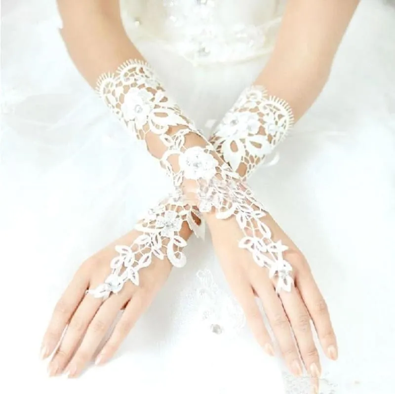 Lace Crystal Beaded Fingerless Wedding Gloves | Bridelily