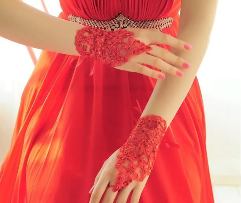 Short Fingerless Crystal Red Lace Wedding Gloves | Bridelily