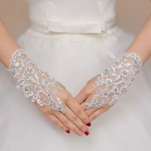 Short Fingerless Crystal Red Lace Wedding Gloves | Bridelily